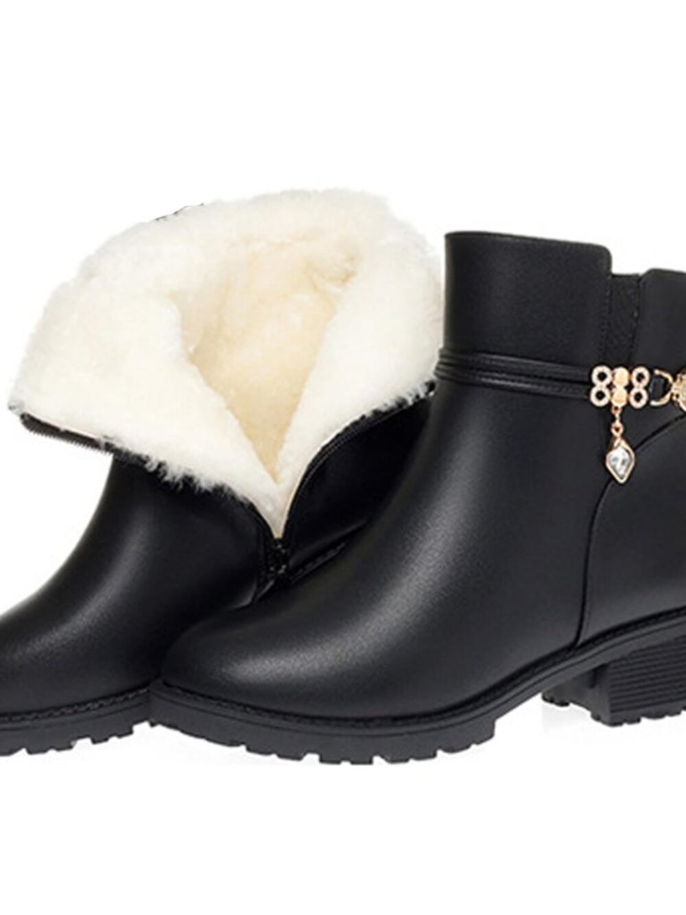 Women'S Leather Low Block Heel Booties Fashion Round Toe Rhinestones Warm Fully